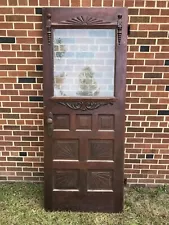 ANTIQUE VTG SOLID WOOD ORNATE DOOR WITH ETCH LOOK GLASS 32” X 6’ 8” X 1 1/4”