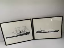 2 Cargo Container Ship Boat Drawing Prints?? in Black Frame 394 x 319 mm VGC