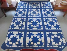 Vintage 2 Color Blue & White Cotton Hand Quilted FOUR STARS PATCHWORK Quilt FULL