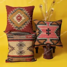 Set Of 3 Handmade Wool Jute Kilim Pillow Case Vintage Throw Cushion Cover Decor