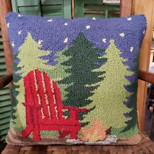 Campfire Scene Hooked Pillow 16" - Adirondak Chair Pine Trees Stars NEW Peking