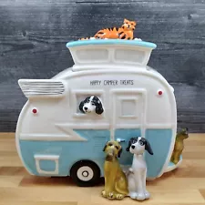 Pet Treats Cookie Canister Ceramic Jar Retro Happy Camper RV Dogs Cats Blue Sky