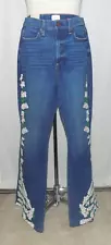 AO.LA Blue Denim White Floral Embroidered Trim High-Rise Flared Leg Jeans 29 NWT