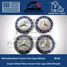 SET OF 4 Mercedes-Benz 75MM Classic Dark Blue Wheel Center Hub Caps AMG Wreath