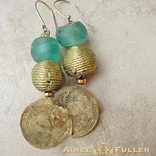 Nepal Rubee Coin Jewelry Old Africa Trade Bead Aqua Green Sea Glass Earrings 3in