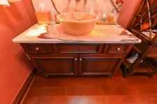 Wood Paneled Single Bathroom Vanity with Marble Top and Sink (No faucet)