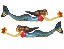 23" Hand Painted Wood Mermaid Wall Art Tiki Bar Beach House Pool Decor (2 Pack)