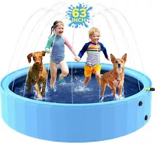 63'' Foldable Dog Pool Sprinkler Pool for Kids Non-Slip Dog Swimming Pool BLUE