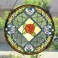 Antique Vintage Style 23" Round Stained Glass Window Hanging Panel Suncatcher