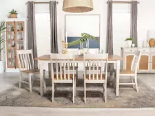 ON SALE - Farmhouse White & Brown Rectangular Dining Table & 6 Chairs Set IC7G