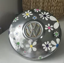 Hand painted Vintage retro VW Volkswagen bug beetle chrome hubcap wall colorful