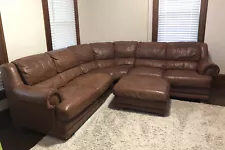 6 Piece Natuzzi Brown Leather Sectional Couch Sofa Ottoman Nailhead Trim