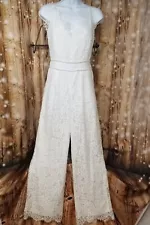 White Lace Bridal Women's M Adjustable Strap Zip-Up Straight Leg Lined Jumpsuit