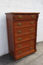 Victorian Late 1800s Carved Tiger Oak Tall Chest of Drawers working Key 5539