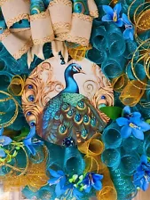 Fall Autumn Everyday Deco Mesh Wreath Peacock Aqua Teal Blue Gold Handmade