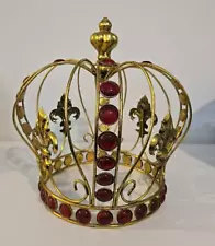 Gold King Crown Fleur de Lis Lys Ruby Red Jeweled Festive Decor Metal Costume