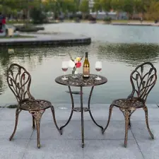 3PC Cast Aluminum Patio Furniture Tulip Design Bistro Set Antique Copper