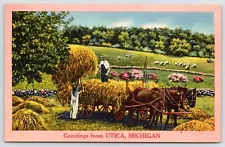 Utica Michigan~Farmers Loading Hay Bales Onto Two-Horse Wagon~Colorful Greetings