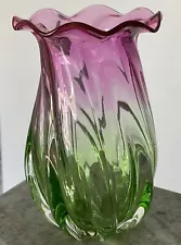 Watermelon Vase Swirl Art Glass 7.25” No Chips w/Sticker Pink Green