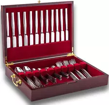 Wooden Flatware Chest (12 Sets) - Felt Lined, No Silverware, Storage Box Handle