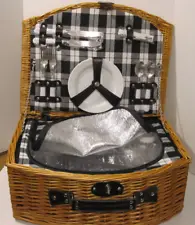 Wicker Picnic Basket Classic 2 Person Insulated With Plates Wine Cups Flatware