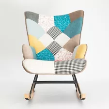 Rocking Chair, Mid Century Fabric Rocker Chair Patchwork Linen