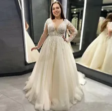 Plus Size Wedding Dresses Long Sleeves Deep V Neck Lace Appliques Bridal Gowns