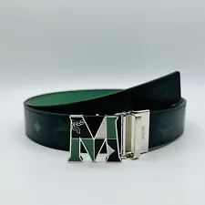 $390 MCM Claus M Reversible Loden Frost/Black Logo Leather 1.5" Belt MXBCACJ02JZ