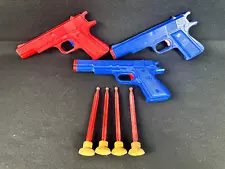 Lot of 3 Vintage Ohio Art Co. Toy Dart Guns Red & Blue Spring Fire + 4 Darts