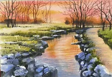 5x7 Original Watercolor Pamela Wilhelm Trail Creek Reflections Sunrise Landscape