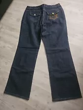 Anne Klein Denim Jeans Wide Flare Leg Dark Wash Copper Lion Flap Pockets Size 16