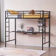 Heavy-duty Twin Metal Loft Bed Frame with Desk and 2 Shelf 2 Ladders for Teens