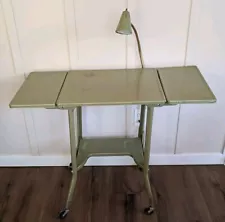 VINTAGE Metal Drop-Leaf Typewriter Table Stand On Wheels W/ Desk Light MCM Green