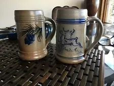 2 Mugs Rowe Pottery Works Salt Glazed Beer Steins Reindeer Deer 2001 Pinecone 05