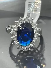 Silver Sapphire Ring Blue Princess Diana oval dress middleton cz