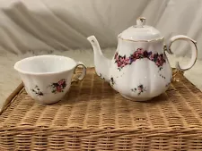 NWB~Vintage Porcelain Stacking Tea Set for One Rose Porcelain Gold Cup Teapot