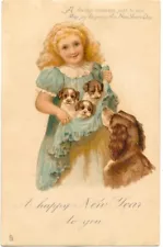 Tuck New Year - Girl Holds Puppies in her Skirt for Mom Cocker Spaniel to See