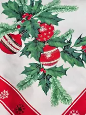 Vintage Christmas Printed Tablecloth Christmas Ornaments Holly Berries 50" x 46"