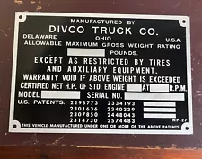 DIVCO MILK TRUCK ORIGINAL COWL TAG DATA PLATE BODY TAG DETROIT