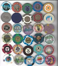 30 CASINO CHIPS FROM CASINOS AROUND THE COUNTRY, NEVADA, CALIFORNIA, WASHINGTON!