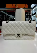 Chanel Rare Medium Classic Double Flap White & Silver Caviar Leather Bag