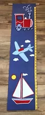 Vintage Handmade Baby's Child’s Growth Chart Wall Hanging Blue Train Boat Plane