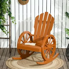 Rustic Wood Adirondack Rocking Patio Chair w/ Slatted Design, Wheel Armrests