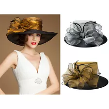 Womens Stylish Occasion Organza Feather Bow Kentucky Derby Wide Brim Hat A045