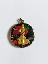 1945 US Walking Liberty Silver Half Dollar Bezel Pendant in Multicolor Enamel