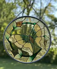 Vintage Stained Glass Butterfly Flowers Sun Catcher Window Art 4.5”