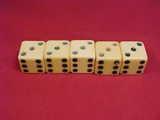 Lot 5 Vintage French Ivory Celluloid Dice Poker Set Colored Pips Red Green Black