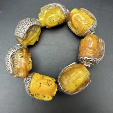 Vintage Amber Bracelet Buddha Heads Sterling Beads Butterscotch Egg Yolk Baltic