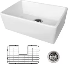 24 Inch Ceramic White Farmhouse Sink With Bottom Grid and Strainer