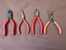 Lot of 4 Short Pliers Miniature Different Types, Jaws Comfort Grip Red - 5" Long